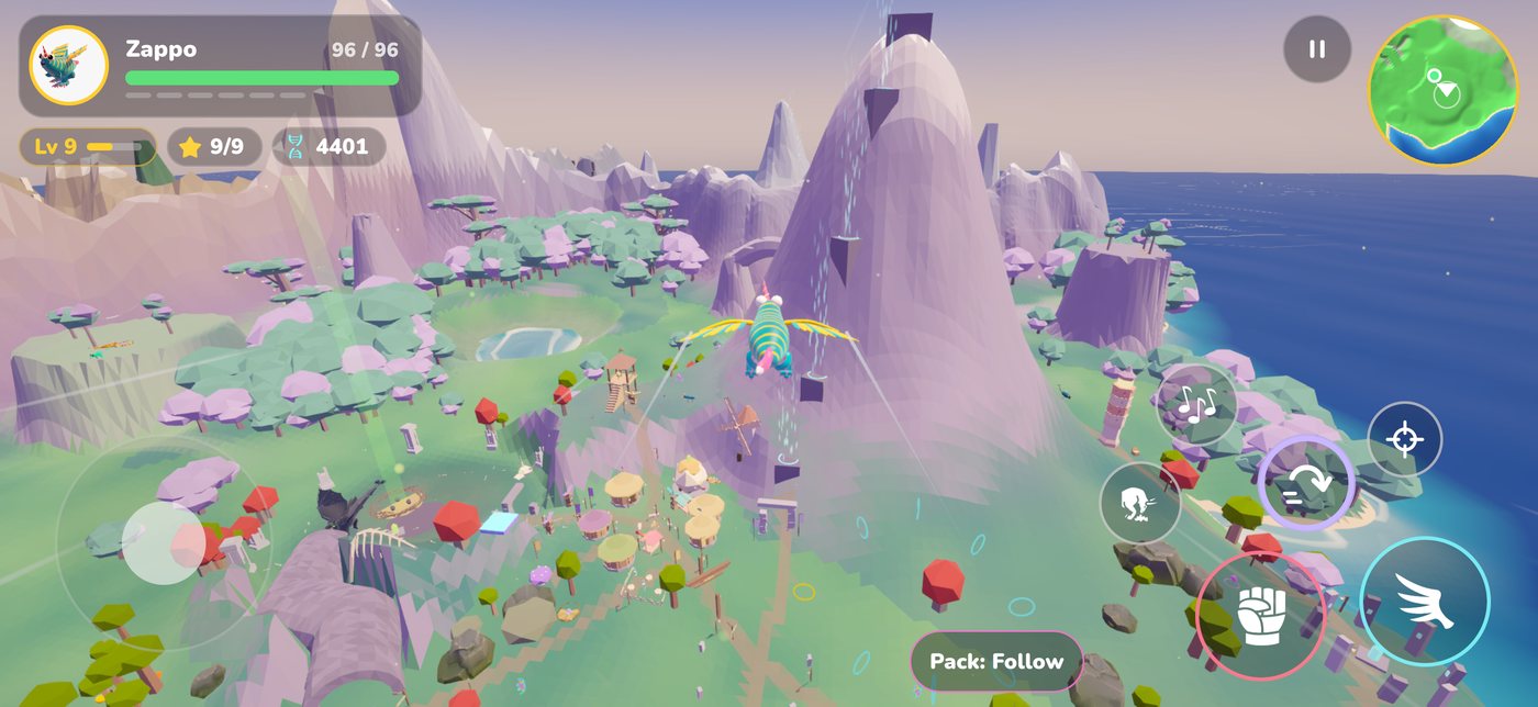 Gliding over Dusk Meadows past giant trees and rock spires