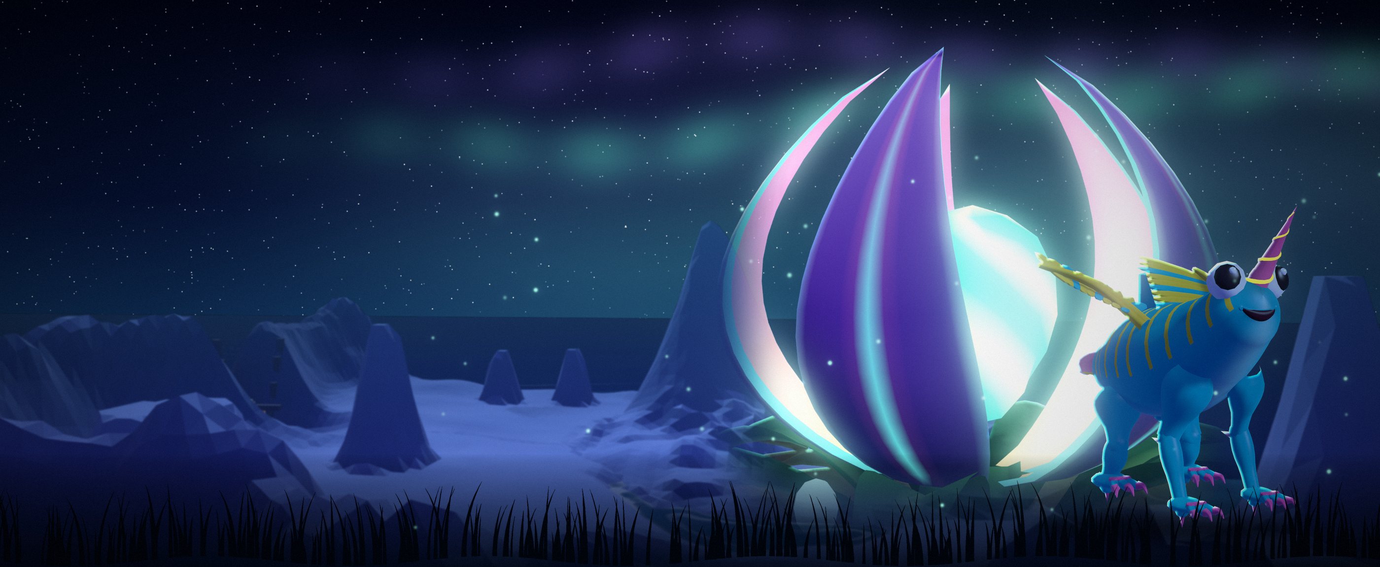 A horned creature at night beside a giant Imprint Plant whose pod glows mint, the Frostpeak glacier and an aurora behind